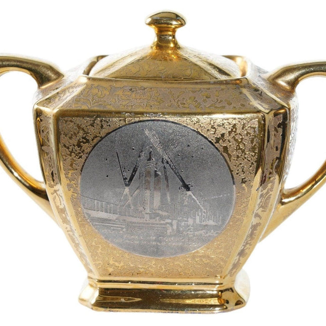 1934 Chicago Worlds fair heavy gold/platinum decorated sugar bowl