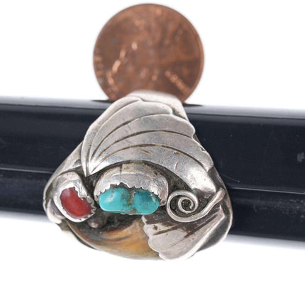 sz12 c1960 纳瓦霍纯银、珊瑚和绿松石戒指
