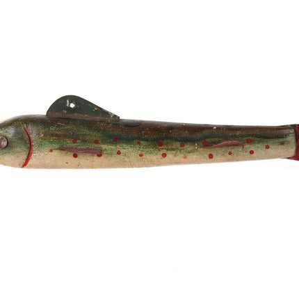Antiker amerikanischer Eisfischer-Köder aus geschnitztem Holz, bemalte Zinnflossen
