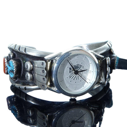 6 吋復古納瓦荷純綠松石和珊瑚手錶手鍊
