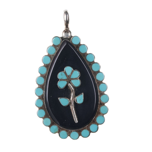 Vintage RL Zuni Sterling turquoise/onyx channel inlay pendant