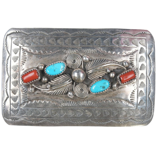 Fibbia per cintura vintage Navajo Sterling turchese e corallo