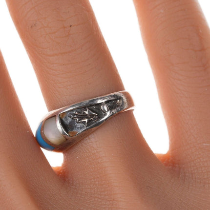 复古 Zuni 美洲原住民纯银多石槽形镶嵌戒指