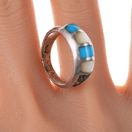复古 Zuni 美洲原住民纯银多石槽形镶嵌戒指