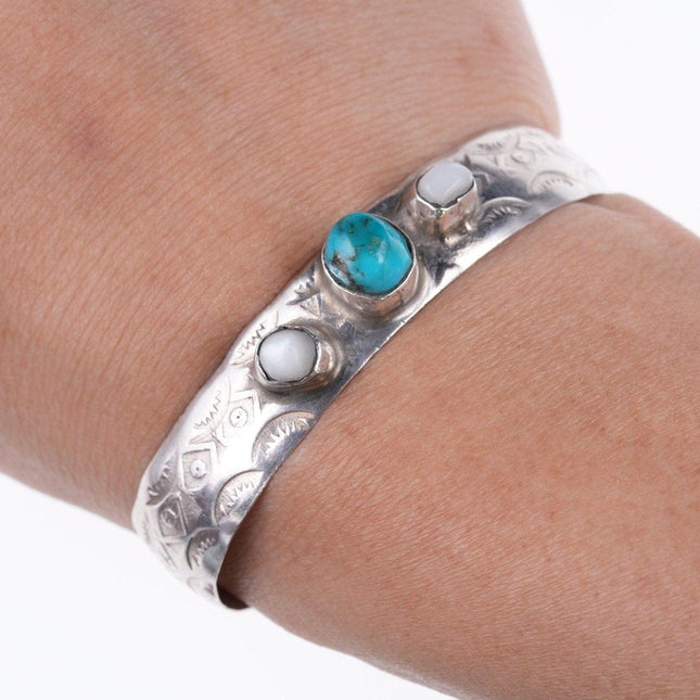 5 3/8" Navajo stamped silver - turquoise and mother of pearl bracelet