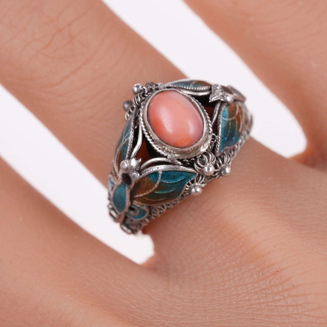 sz7 Vintage Chinese coral Sterling enamel ring