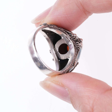 sz7 复古中国珊瑚纯银珐琅戒指