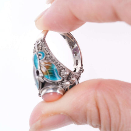 sz7 复古中国珊瑚纯银珐琅戒指