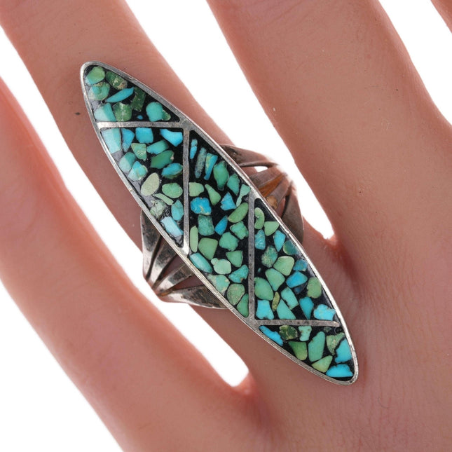 sz8 Navajo 70's sterling chip inlay turquosie ring