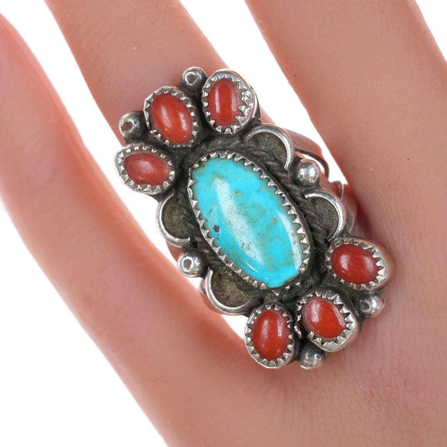 sz7.75 Native American Silver, turquoise, and coral cluster ring