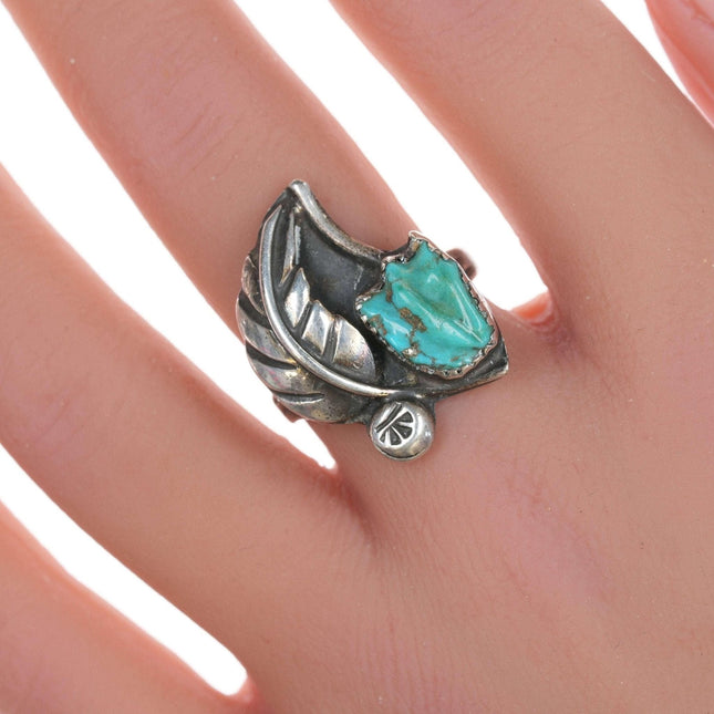 sz7.25 Vintage Zuni carved turquoise silver ring