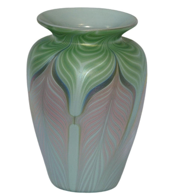 1981 Vandermark Studio Art Glass Vase Green Pink Blue Pulled Feather