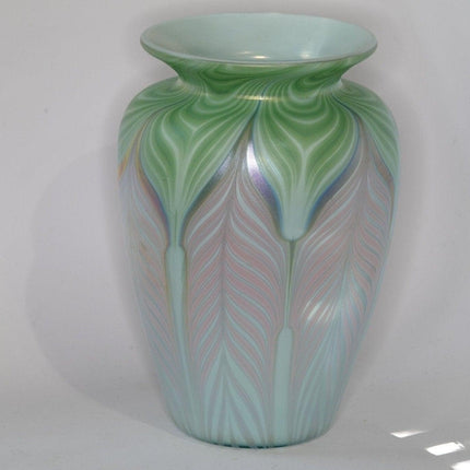 1981 Vandermark Studio Art Glass Vase Green Pink Blue Pulled Feather