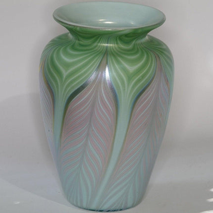 1981 Vandermark Studio Art Glass Vase Green Pink Blue Pulled Feather