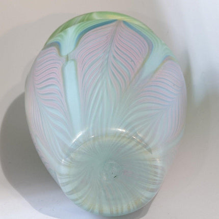 1981 Vandermark Studio Art Glass Vase Green Pink Blue Pulled Feather