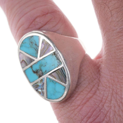 Sz10.5 Native American Sterling Channel inlay turquoise/shell ring