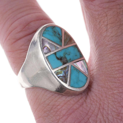 Sz10.5 Native American Sterling Channel inlay turquoise/shell ring