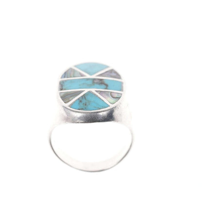 Sz10.5 Native American Sterling Channel inlay turquoise/shell ring