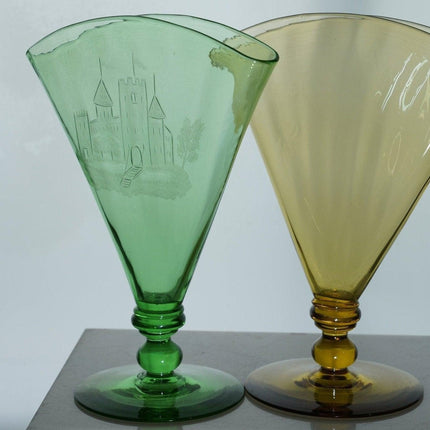 1920's Steuben Carder Era Fan Vase Pair, One green with castle etching, one ambe