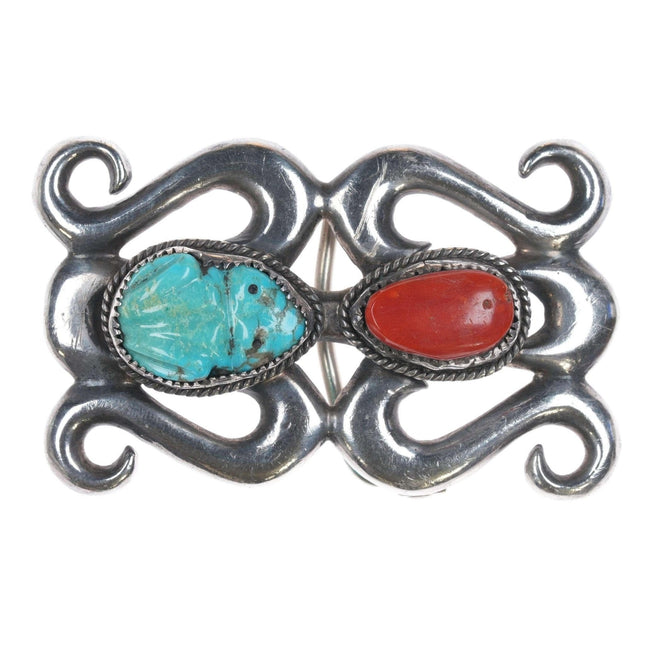 Vintage Zuni Frog  Carved turquoise and coral silver belt buckle