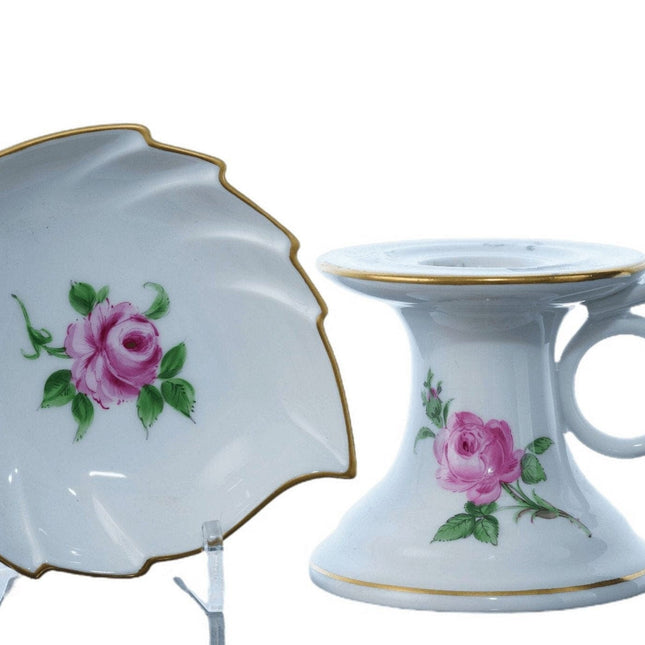 Meissen Rose Pink Chamberstick 和 Carl Thieme Dresden Trinket 盘