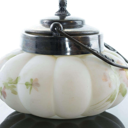 c1890 Poofy Mt Washington Art glass Melon Ribbed hand painted Biscuit jar with