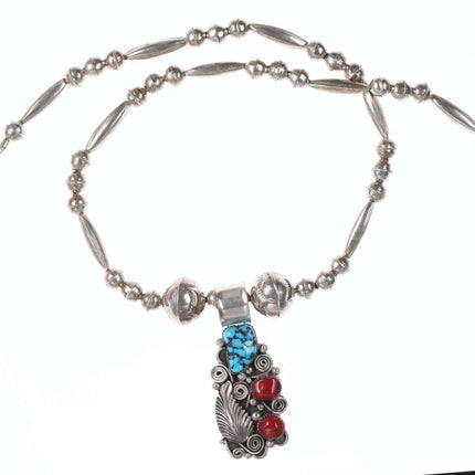 Navajo Sterling turquoise/coral pendant and beaded necklace