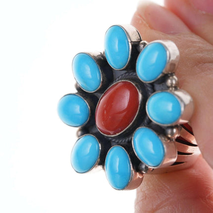 Eula Wylie Navajo Turquoise/coral cluster ring