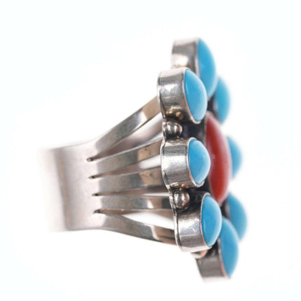 Eula Wylie Navajo Turquoise/coral cluster ring