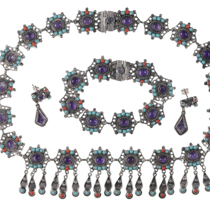 Cel 复古 Matl 风格纯绿松石紫水晶和珊瑚项链/手链/耳环套装