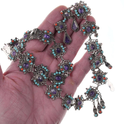 Cel 复古 Matl 风格纯绿松石紫水晶和珊瑚项链/手链/耳环套装