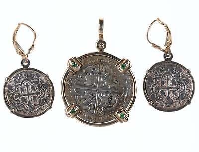 14k/emerald mounted Atocha Shipwreck replica coin Earrings/pendant