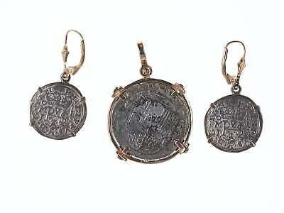 14k/emerald mounted Atocha Shipwreck replica coin Earrings/pendant
