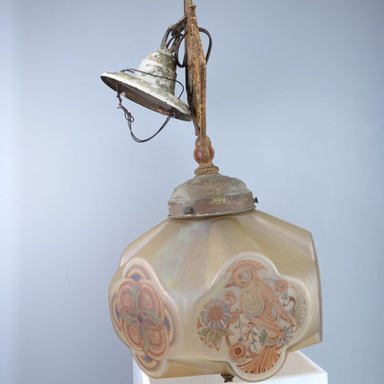 1920's Lightolier Pendant Light With Iridescent Uranium Glass Painted Shade Parr