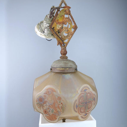 1920's Lightolier Pendant Light With Iridescent Uranium Glass Painted Shade Parr