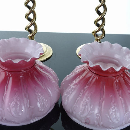 1890's Pink to cranberry Cased Glass Peg student lamps Pair