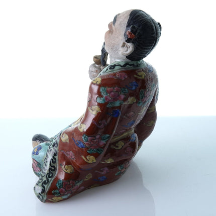 Antique Chinese Famille Rose Figure holding cup and Tablet