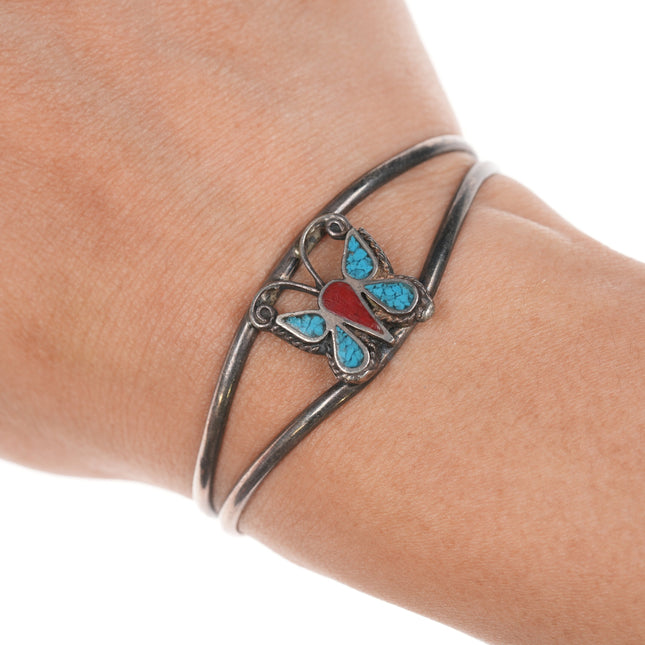 5 5/8" Vintage Navajo chip inlay sterling butterfly cuff bracelet
