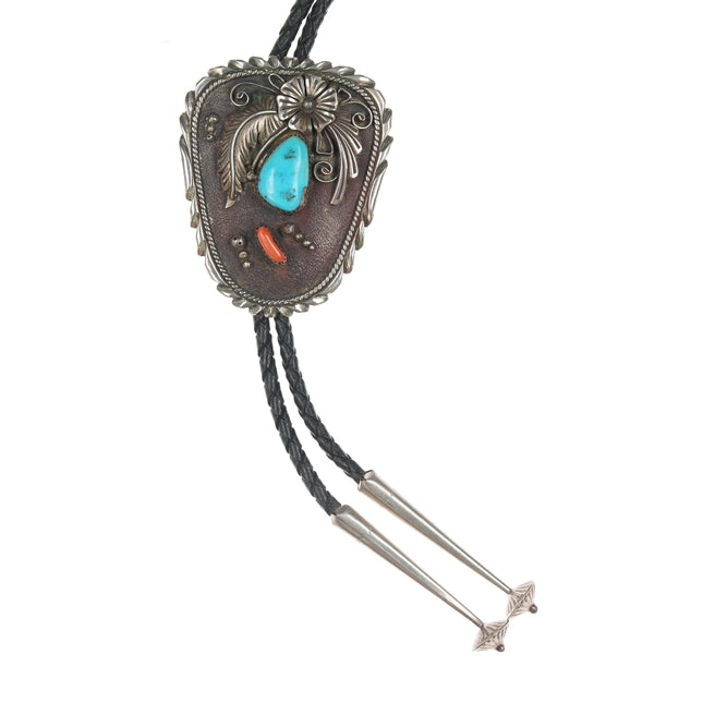 1970's Native American Nickel silver, turquoise, and coral blossom bolo tie