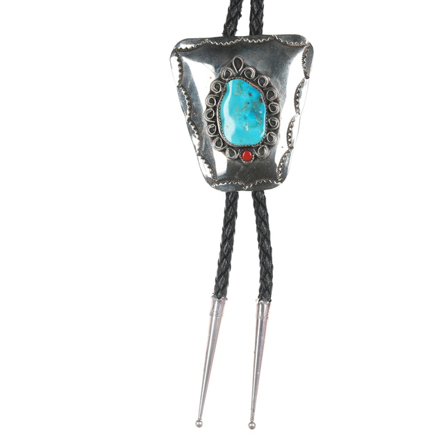 1970's Native American Nickel silver, turquoise, and coral bolo tie