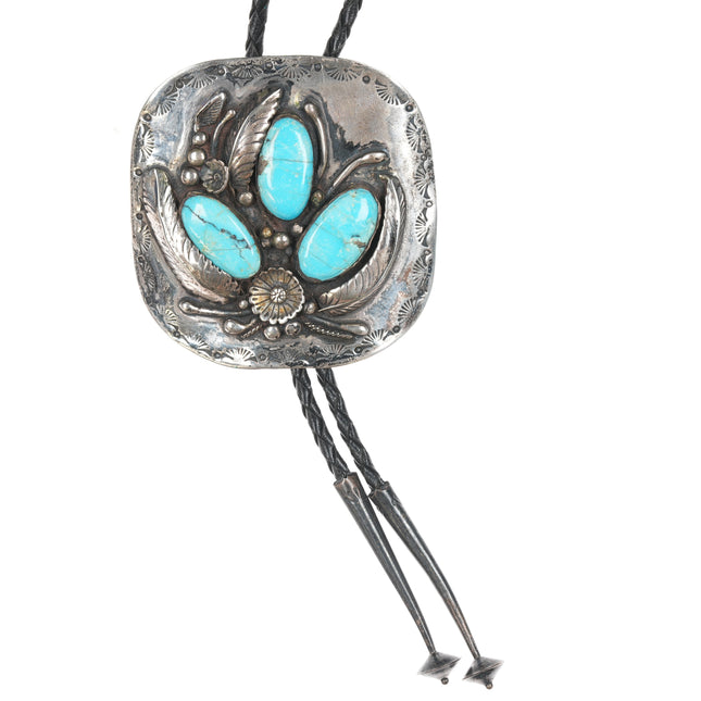 Large 1970's Native American silver and turquoise bolo tie