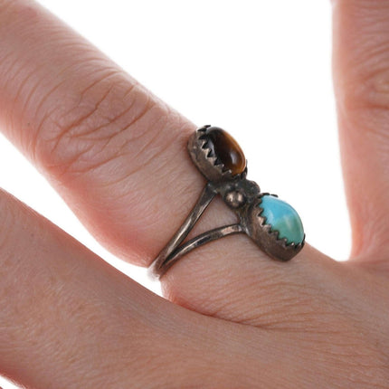 sz4 Vintage Native American Sterling turquoise and cats eye ring