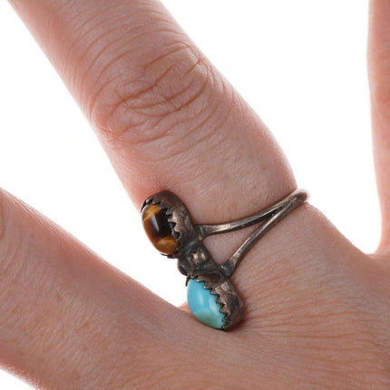 sz4 Vintage Native American Sterling turquoise and cats eye ring