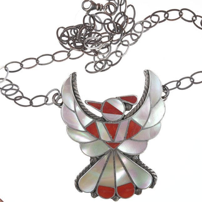 Vintage Zuni silver inlaid thunderbird pendant/necklace