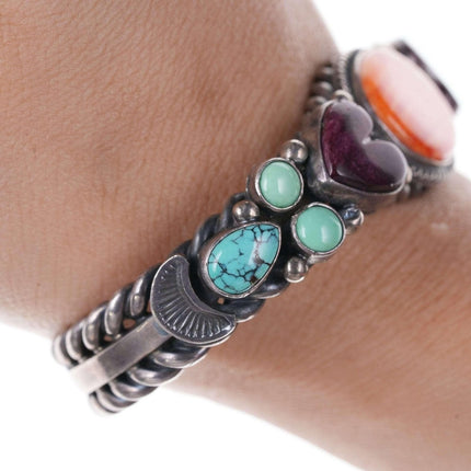 David Reeves Navajo Sterling Spiney oyster and turquoise multi-stone heart cuff