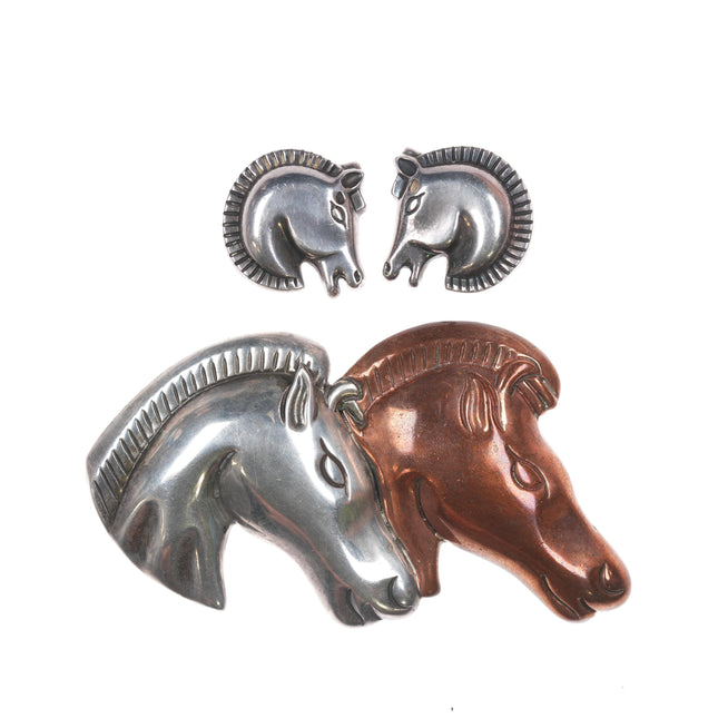 Antonio Pineda (1919-2009) Taxco Mixed metals horse head pin and earrings