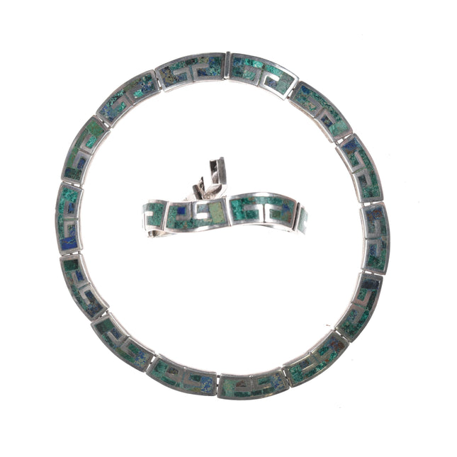 1950's Los Castillo Sterling chrysocolla inlay 14" choker and 7" bracelet