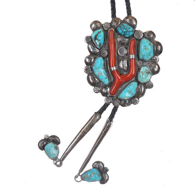 Dan Simplicio (1917-1969) silver, turquoise and branch coral bolo tie