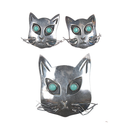 Mid Century Taxco Sterling cat pin/earrings with turquoise eyes