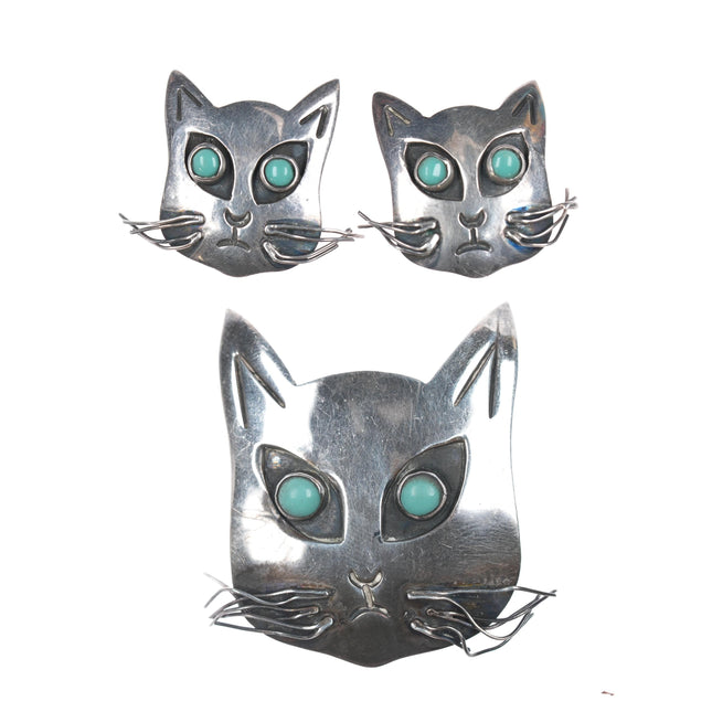 Mid Century Taxco Sterling cat pin/earrings with turquoise eyes